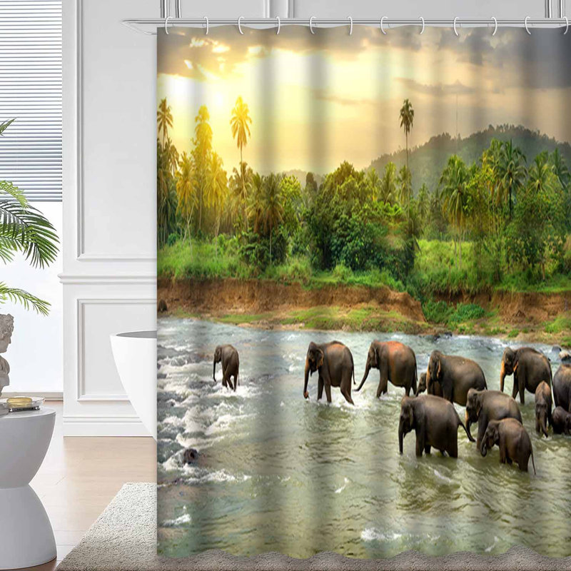 Rideau de douche avec 12 crochets River Elephant Safari Jungle Asia, L 72 po x l 78 po