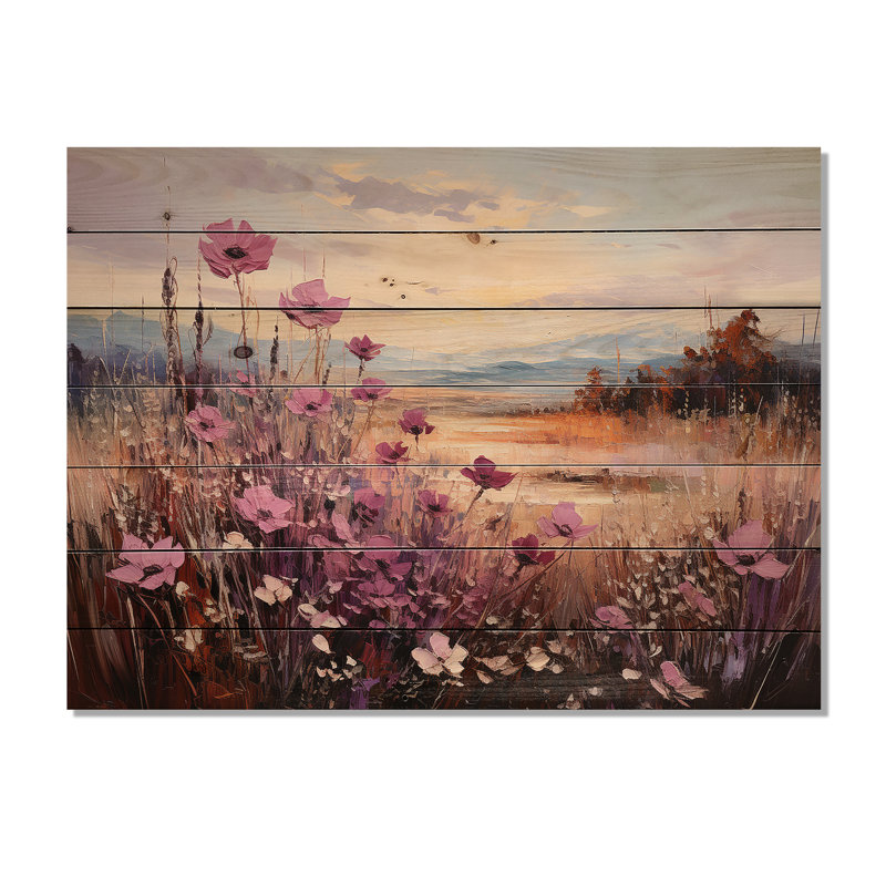 «Violet Flower Meadow Harmony», art mural en bois sur fond de pin naturel, H 30 po x l 40 po