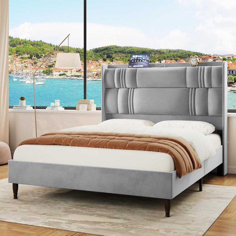 Structure de lit tête de lit en velours avec ports de charge USB, Grand lit, Gris clair