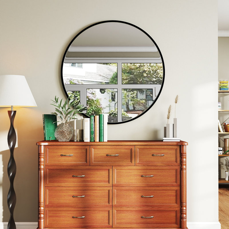 Miroir rond mural avec cadre en alliage d'aluminium, miroir rond en verre trempé, 36 po x 36 po, Noir mat
