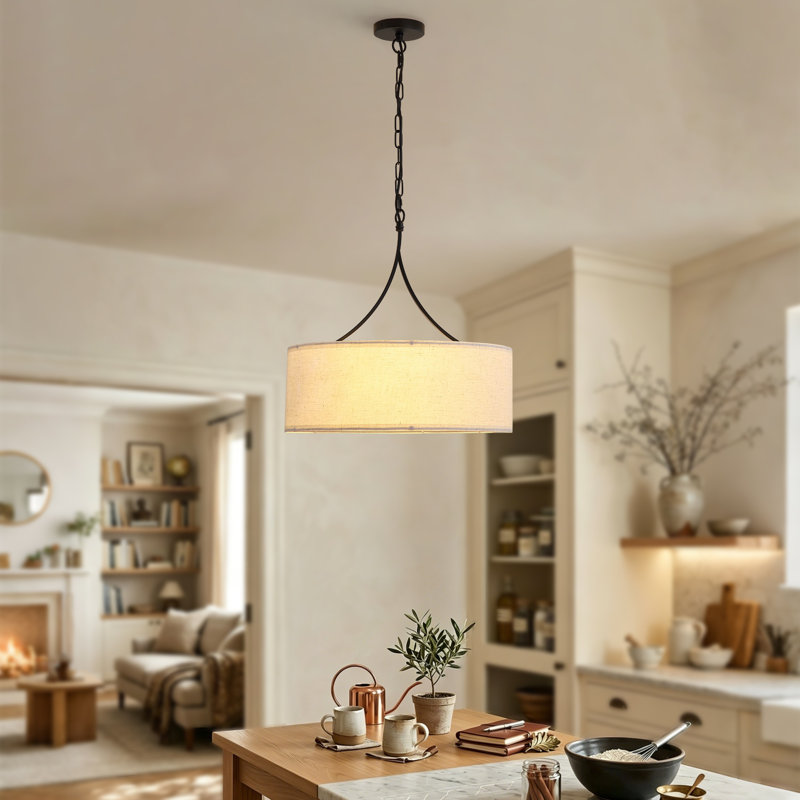 Luminaire suspendu tambour 3 lumières Modern Farmhouse, plafonnier suspendu en lin noir mat pour la salle à manger et la cuisine, éclairage ambiant à chaîne réglable