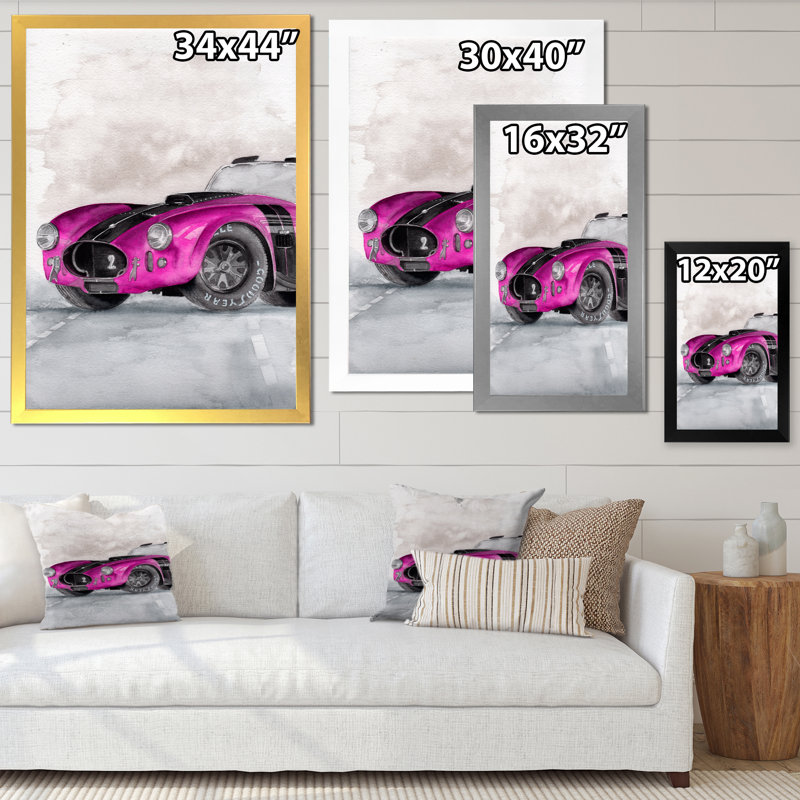 «Beautiful Old Magenta Car on Grey», peinture sur toile, H 32 po x l 24 po x P 1 po, Cadre doré