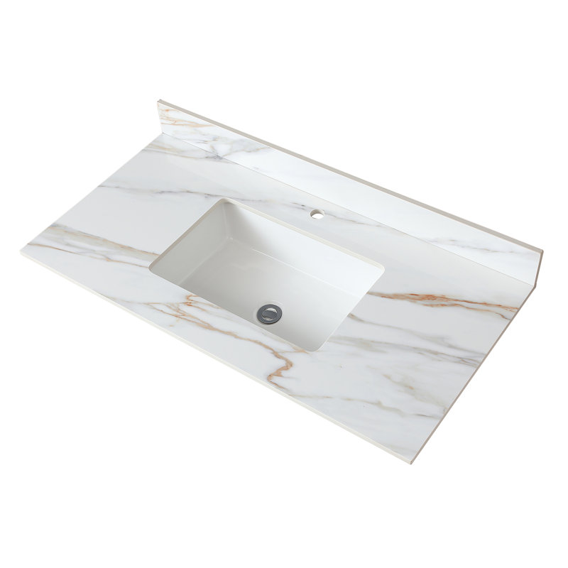 Plateau de meuble-lavabo en marbre 43 po avec lavabo encastré rectangulaire, dosseret de 4 po, trou de robinet pré-percé, blanc de Carrare avec veines | Idée cadeau