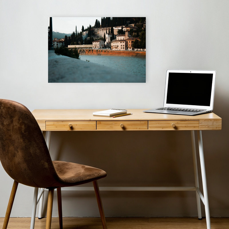 Verona Riverside Evening Serene Tranquil Abstract Cypress Architecture City Wall Art Print 1 Piece Wrapped Canvas Wall Art