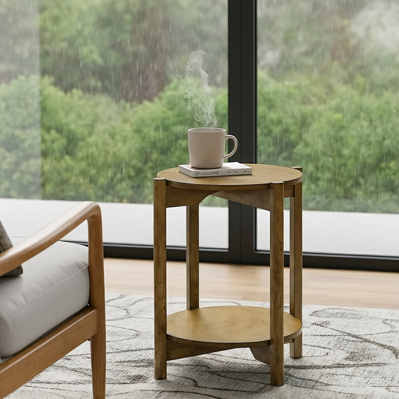Table de bout ronde en bois massif avec tablette Timber
