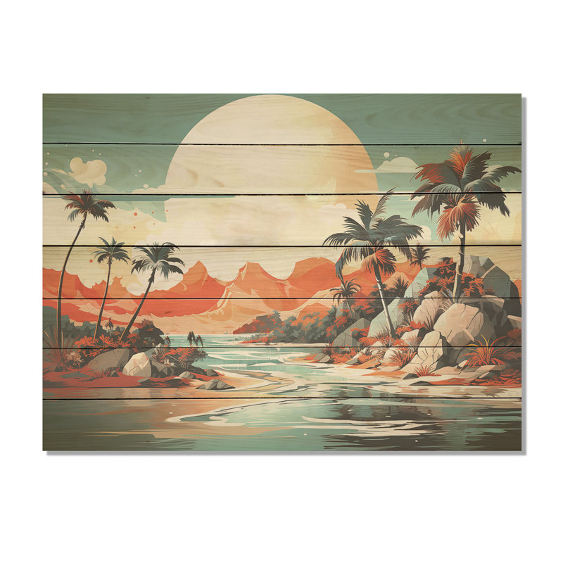 Art déco, rêves tropicaux au coucher du soleil II - Paysage abstrait sur bois, H 30 po x l 40 po