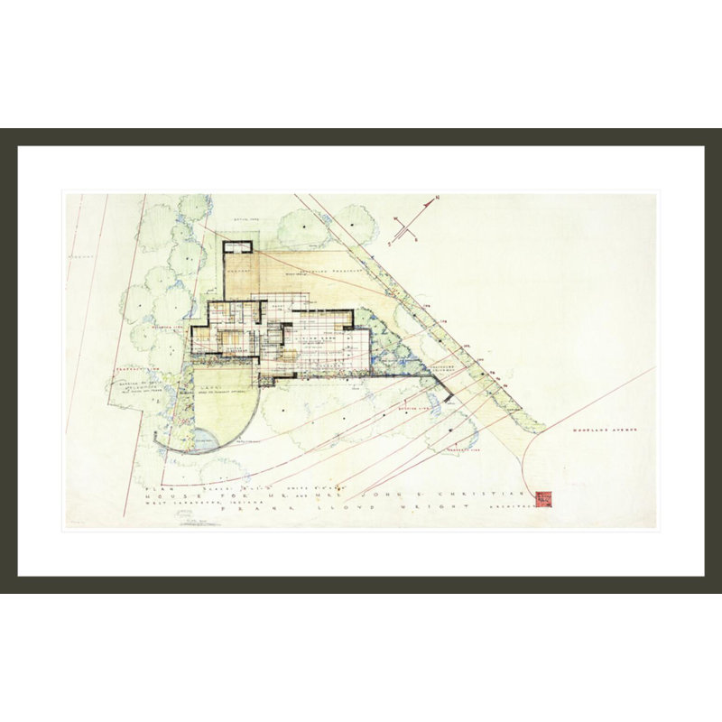 John E Christian, West Lafayette, Indiana. par Frank Lloyd Wright - Estampe numérique encadrée, H 26,72 po x l 41,5 po