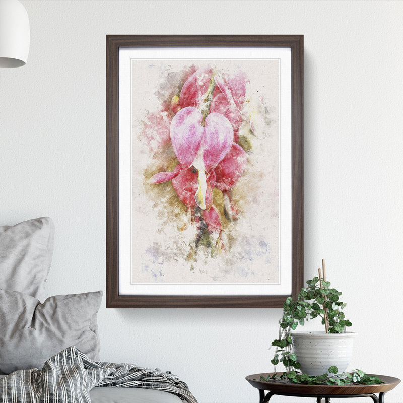 Pink Bleeding Heart Flowers - Picture Frame Painting Print, 45cm H x 33cm W x 2cm D, Walnut Framed