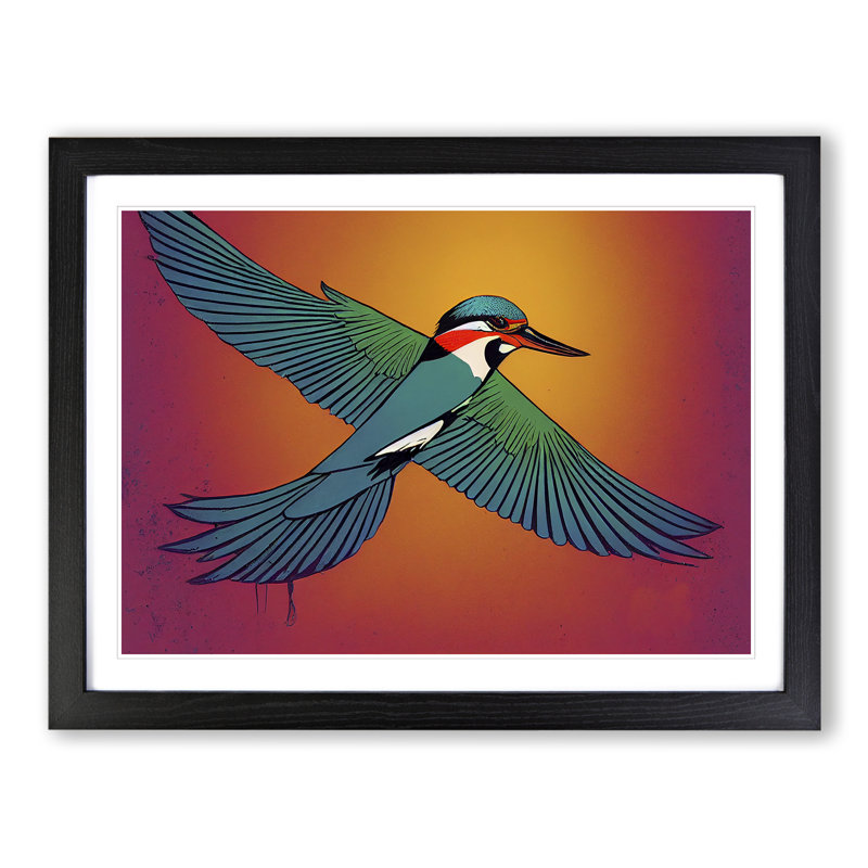 Hypnotic Kingfisher Bird - Single Picture Frame Print, Black, 46cm H x 64cm W x 2cm D