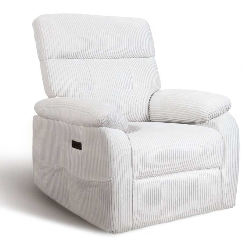 Fauteuil inclinable électrique à gravité zéro - Velours côtelé moelleux avec ports de charge USB et Type-C, poche de rangement latérale, conception extra large pour adultes, soutien lombaire ergonomique, blanc