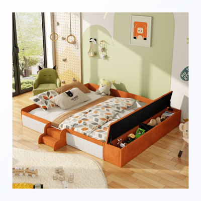 King Size Upholstered Daybed with Stairs & Gas Lift Storage Ottoman