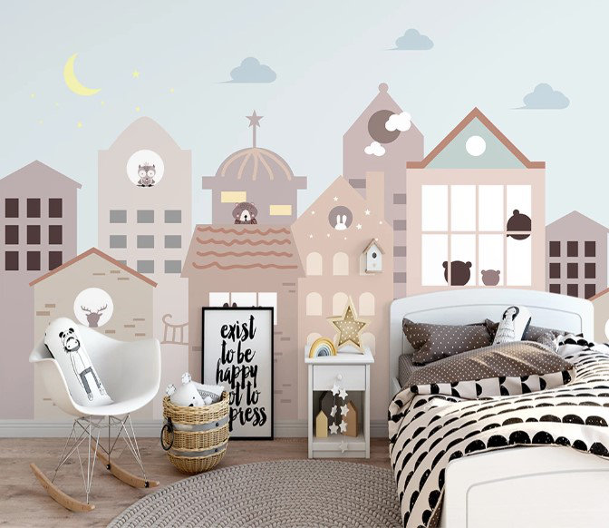 Papier peint de chambre d'enfant maisons ciel, L 114 po x l 172 po