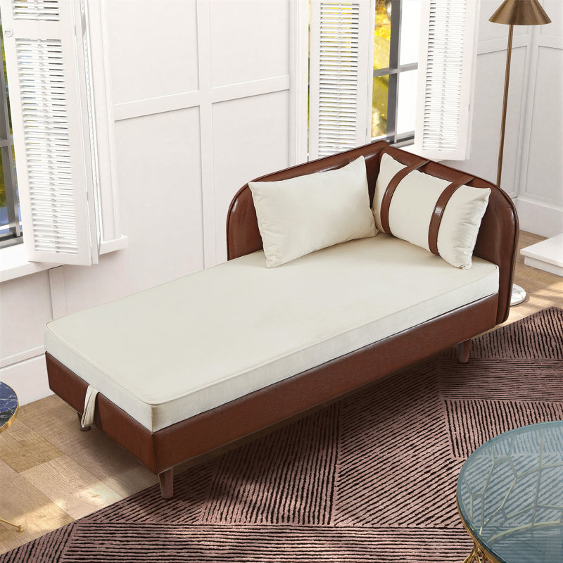 65" Storage Chaise Lounge Sofa Velvet;PU, Polyuréthane brun et velours beige