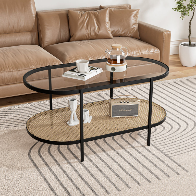 Glass Top Coffee Table with Woven Metal Shelf, Oval, 18.5" H x 39" L x 20.8" W