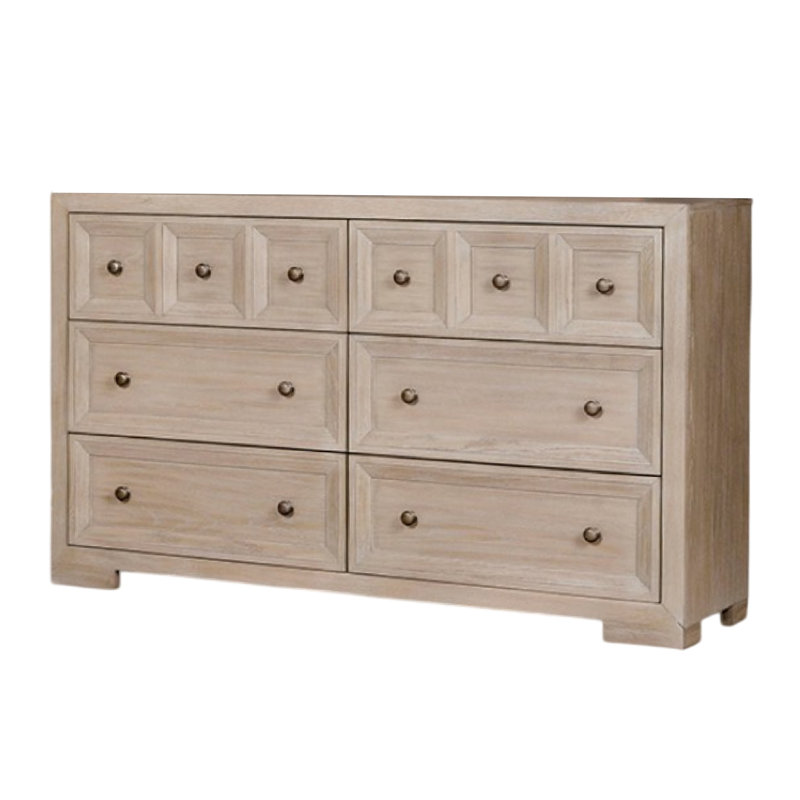 Commode large Kizie, 6 tiroirs, bronze, bois massif, 62 pouces, Beige
