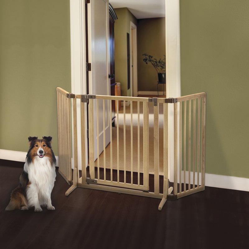 Natural Wood Freestanding Adjustable Pet Gate with Walk-Thru Door