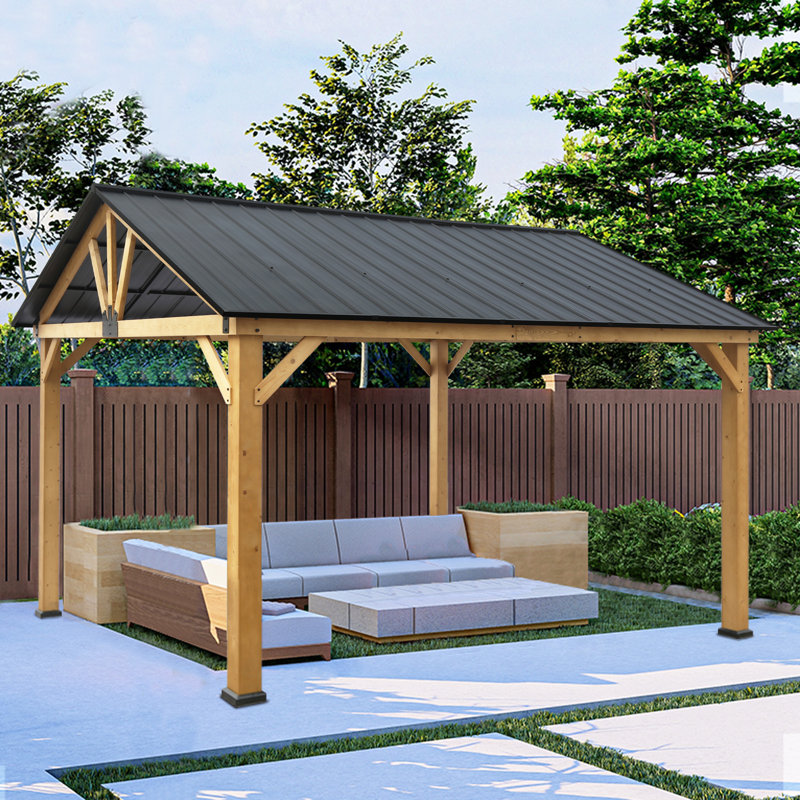 Pavillon de jardin permanent en bois massif 15 pi x 13 pi, pavillon de jardin à toit rigide avec cadre en bois rustique pour patios, cours et terrasses