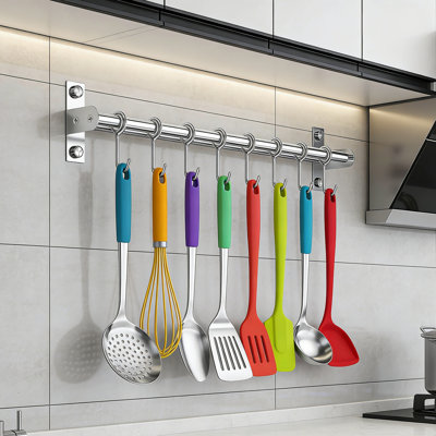 Wall Mounted Hanging Rack, Sliding Hooks, Stainless Steel, Adhesive Or Screw Mount, For Kitchen Utensils Bathroom Towels, Space Saving, Gift