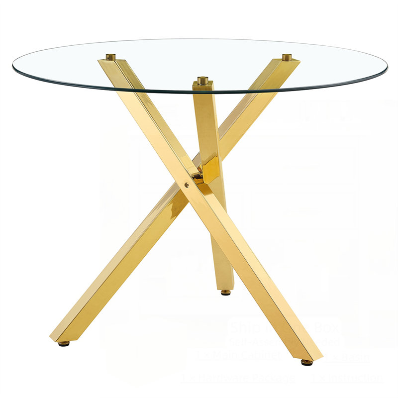 Table de salle à manger ronde en verre avec structure en métal en forme de X, parfaite pour les petits espaces et les intérieurs modernes, élégante et fonctionnelle.