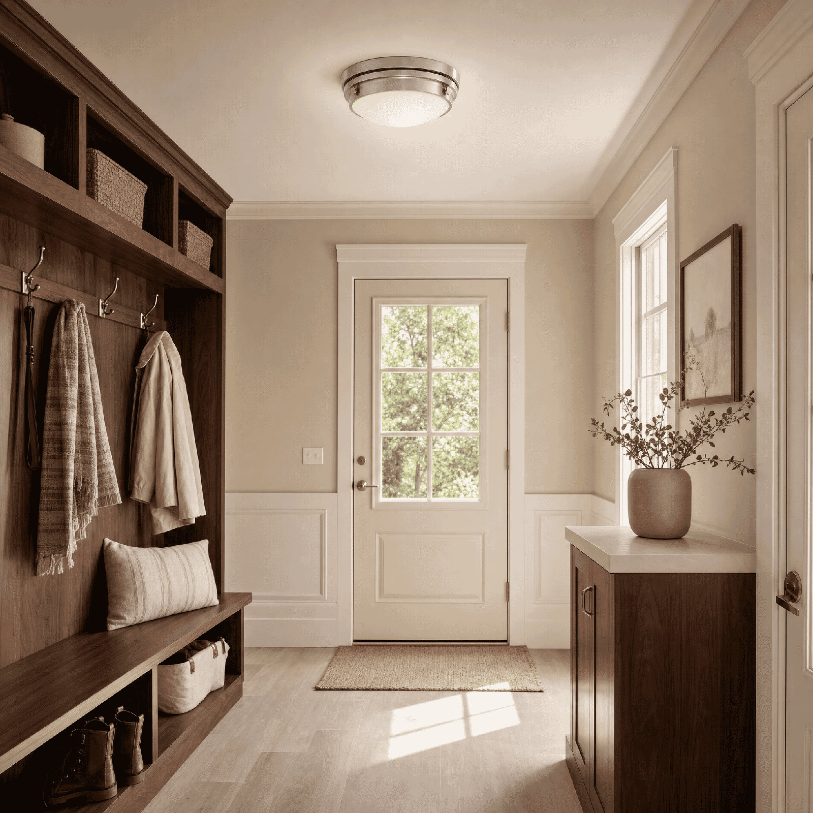 Helmsford 2-Light Flush Mount, Satin Nickel