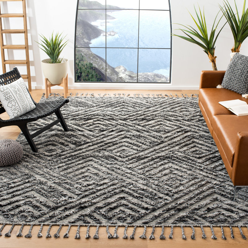Powell Hand Knotted Wool/Viscose Geometric Rug in Charcoal/Gray, Rectangle 5' x 8'