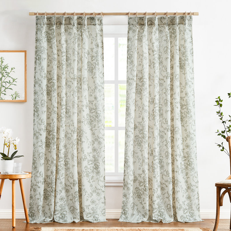 Linen Blend Pinch Floral Curtains with Hooks Curtain Pair, 40" W x 108" L, Pleated Green