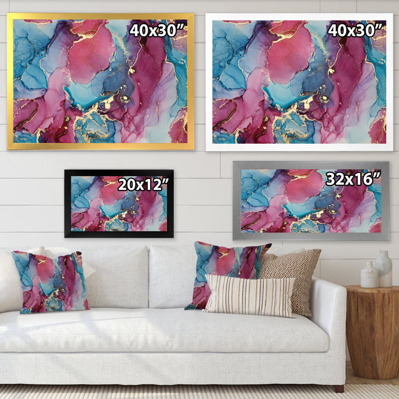 Bleu et mauve luxueux abstrait fluide - Peinture sur toile, H 34 po x l 44 po, Cadre de coin argenté fermé