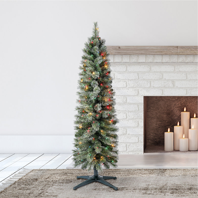 Home Heritage 9 Foot Pre-Lit Artificial Stanley Pencil Christmas Tree With Stand, 5', Multi