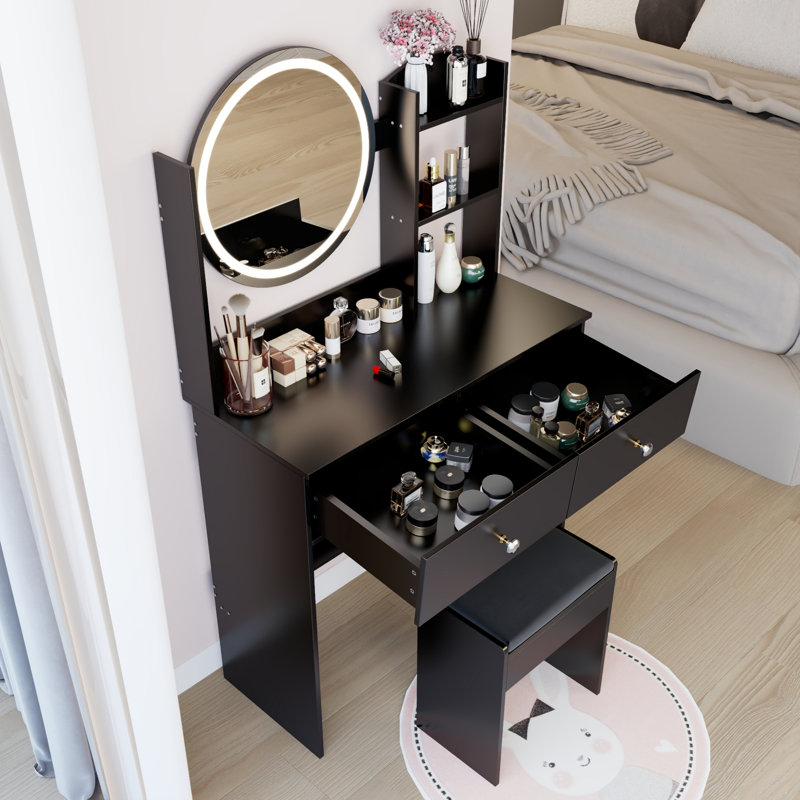 Table de coiffeuse ronde à miroir DEL avec tabouret moelleux, interrupteur tactile, 3 couleurs, luminosité réglable, rangement grande capacité pour les petits espaces | Idée de cadeau