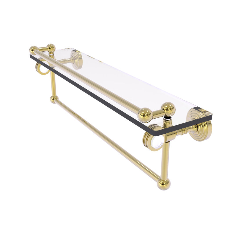 Tablette en verre avec barre de tour Jarrell, Laiton non laqué, H 5,5 po x l 22 po x p 6,8 po