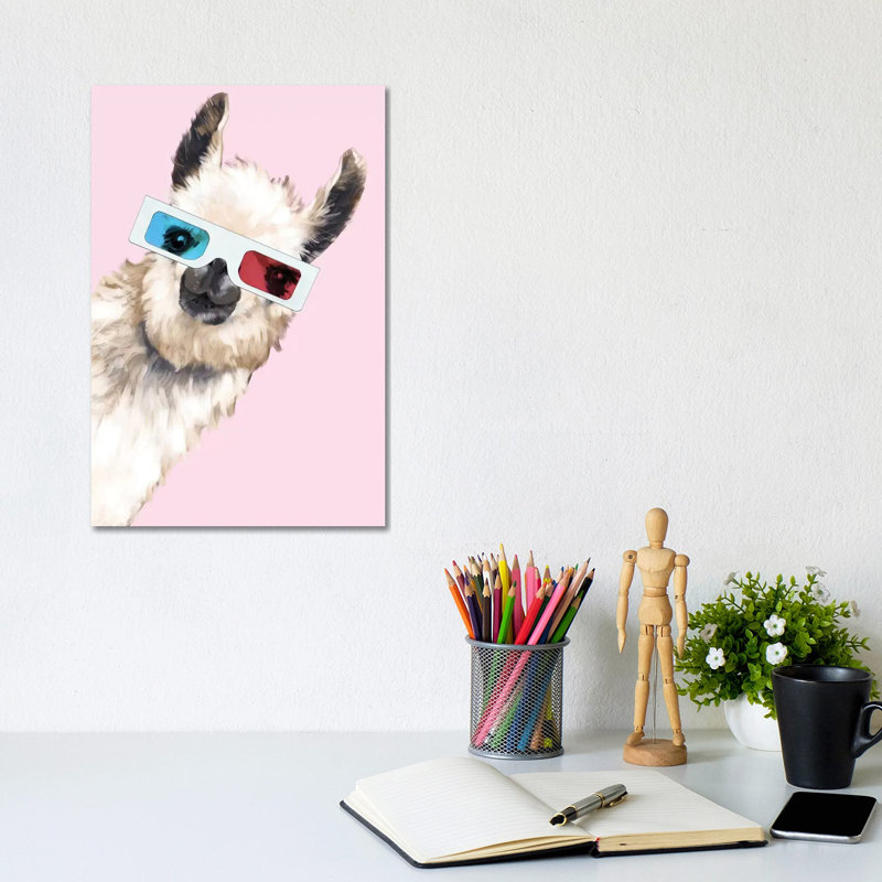 Sneaky Llama With 3D Glasses In Pink by Big Nose Work - Wrapped Canvas Print, 20.32 cm H x 30.48 cm W