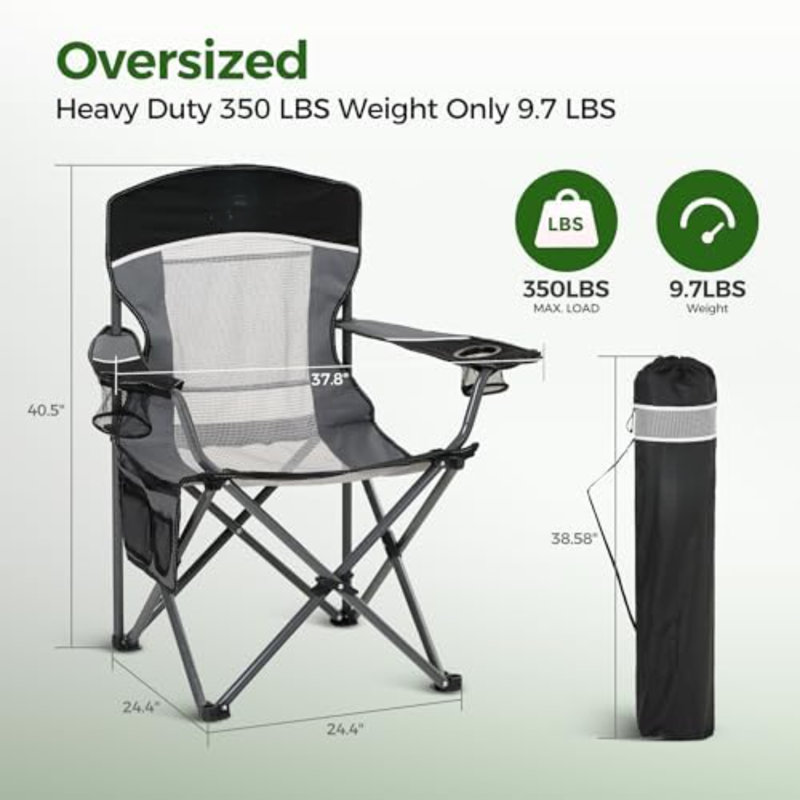 Chaises de camping surdimensionnées entièrement rembourrées avec soutien lombaire | Structure en acier robuste (500 lb), solide et durable, sac isotherme, tissu Oxford 600D, porte-gobelet, sac de transport, poche, montage facile
