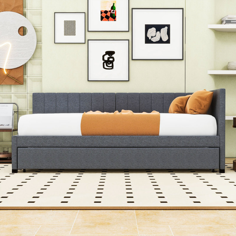 Linen Upholstered Daybed with Trundle, Grey, Twin