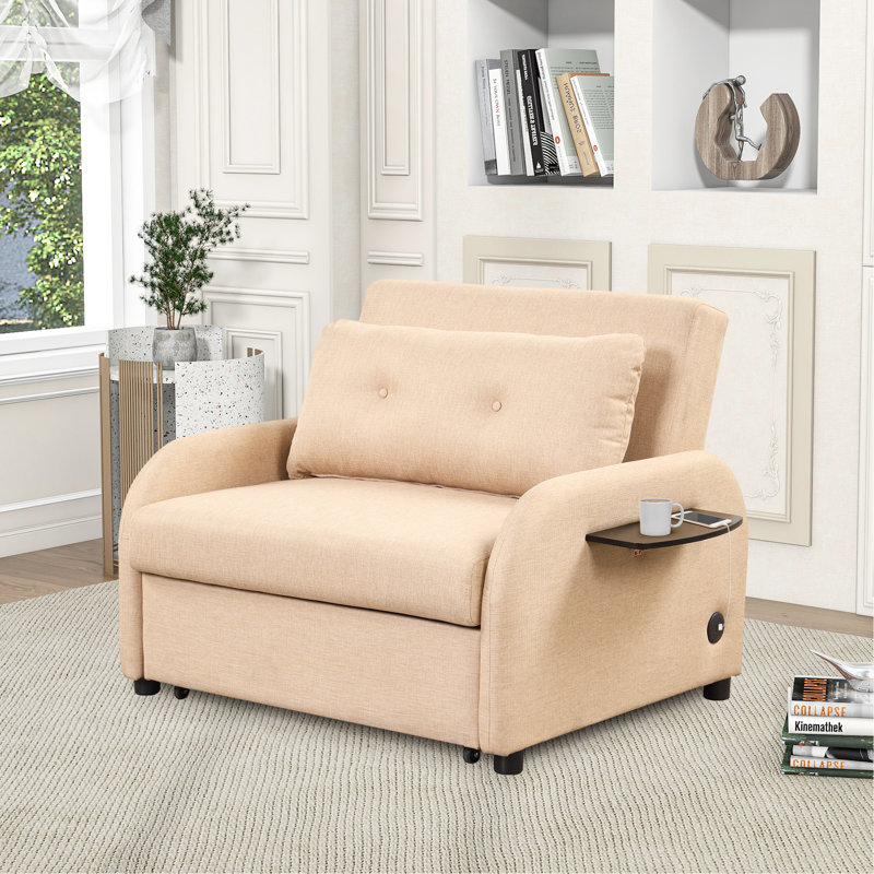 Canapé-lit escamotable 3 en 1 avec table à 2 battants et charge USB pour le salon, la salle de loisirs, Beige