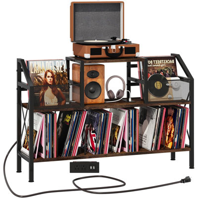 Record Player Stand Holds up to 500 Albums, Turntable Stand with Vinyl Record Player Storage Cabinet, Records Vinyl Albums Storage, Rustic Brown