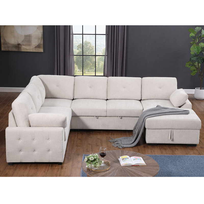 Canapé d'angle multi-fonctionnel en forme de L avec rangement et lit convertible, canapés à compression, Chenille beige
