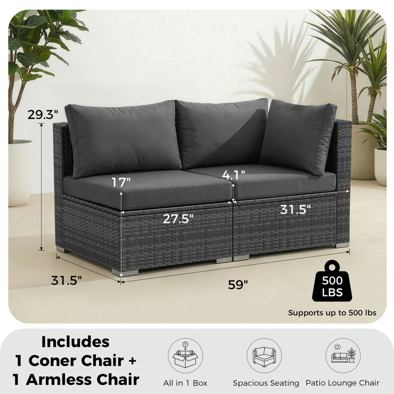 2-piece Outdoor Sofa Conversation Set with Cushion, Gray