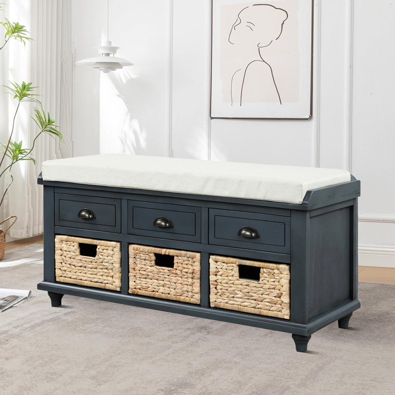 Babloo Vintage style bench with drawers decorated with rattan and upholstered cushions for bedrooms and entryways