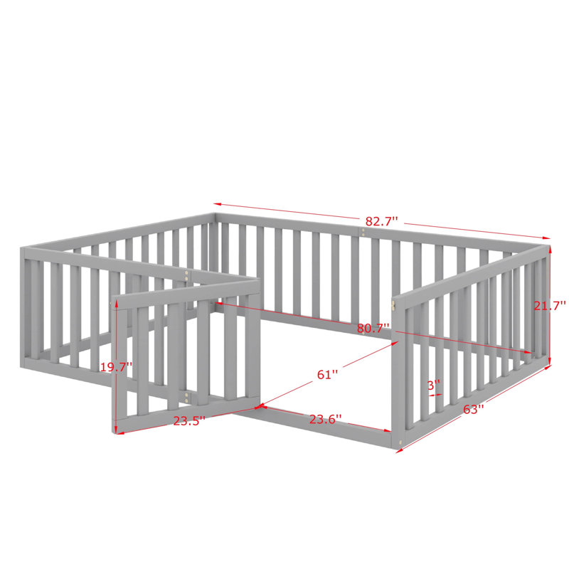 Structure de lit en bois robuste avec clôture et porte, Queen, Gris