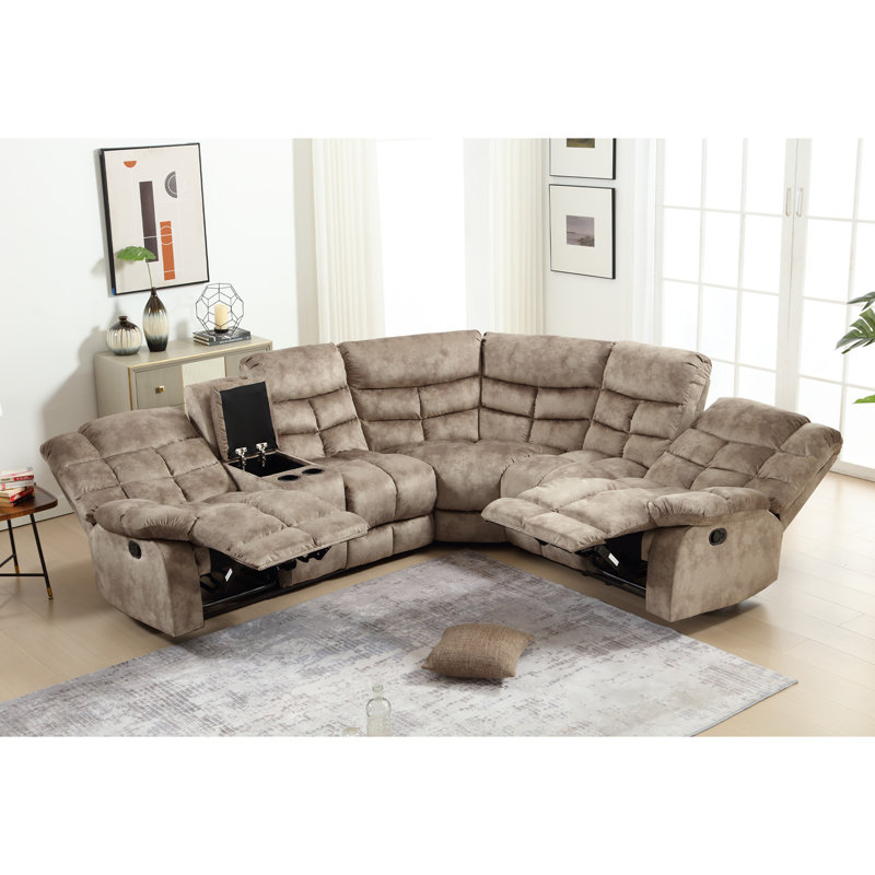 Karish 3-Piece Upholstered Manual Reclining Sectional with Cupholders and Storage , Brown Microfiber / Microsuede