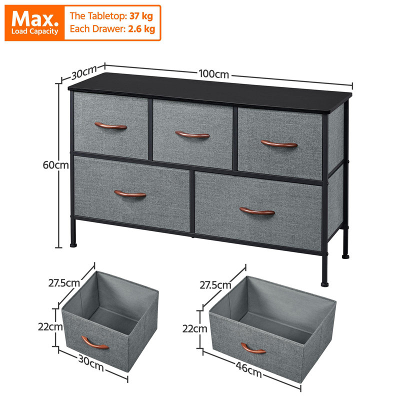 Adilyne Iron 100 cm W Chest of 5 Drawers, Dark Grey