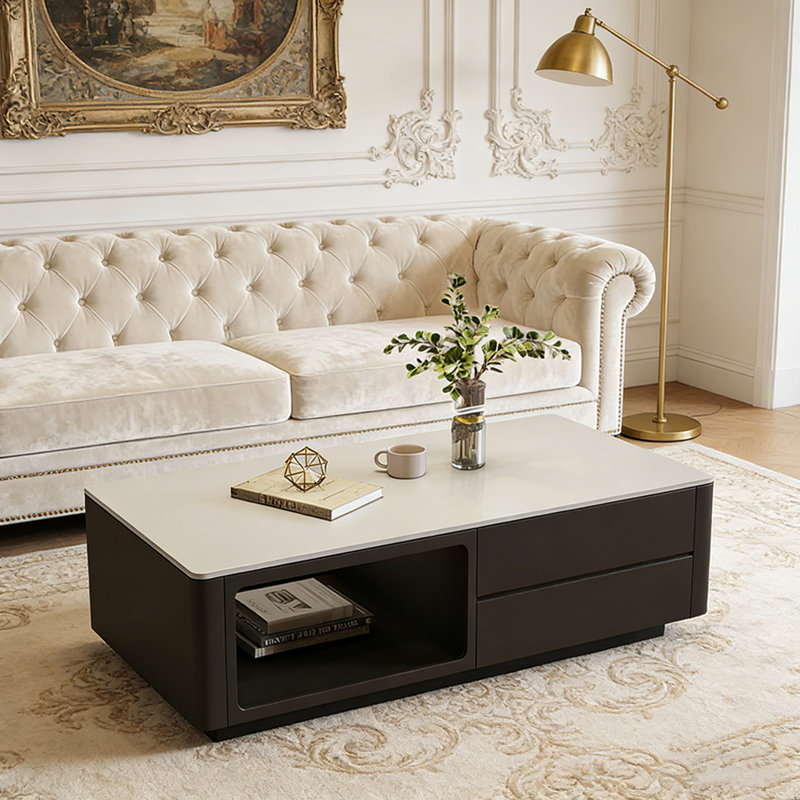Table basse légère de luxe avec plateau en ardoise et tiroir, Blanc