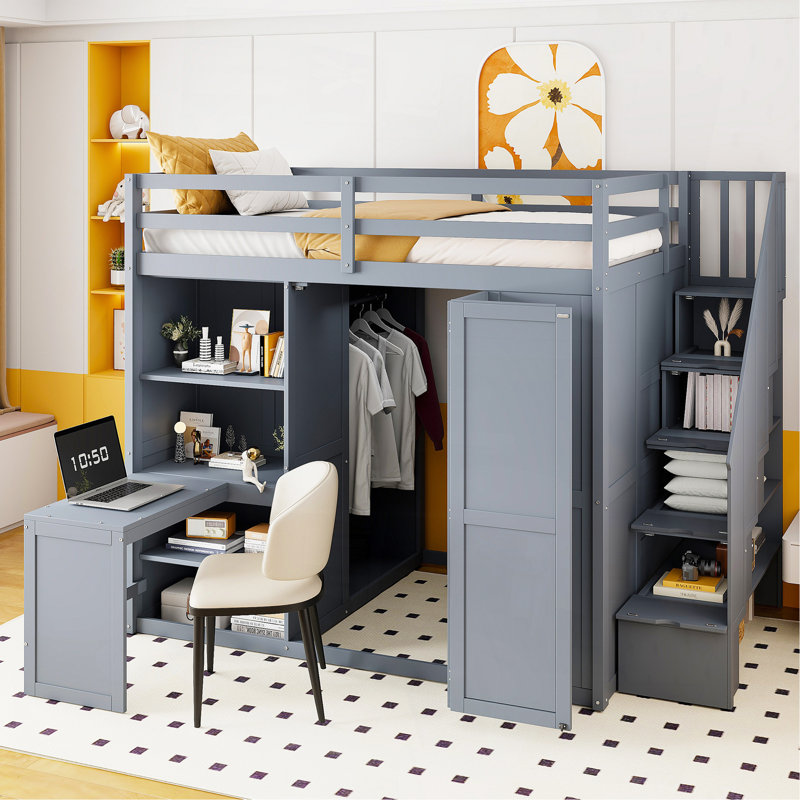 Lit mezzanine double avec garde-robe, bureau et tablettes, gris, Gris