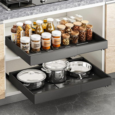 Ensemble de 1 organisateur d'armoire coulissant, largeur extensible (12,2 po à 20,4 po) x 16,5 po, tiroirs coulissants profonds pour armoires de salle de bain garde-manger, 3 glissières de mise à niveau porteuses fixées avec un film adhésif Nano