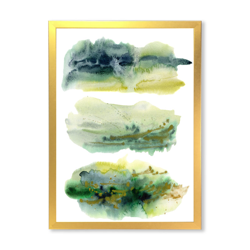 «Golden Green Abstract Clouds with Blue Points I», peinture sur toile encadrée, Toile encadrée d'or