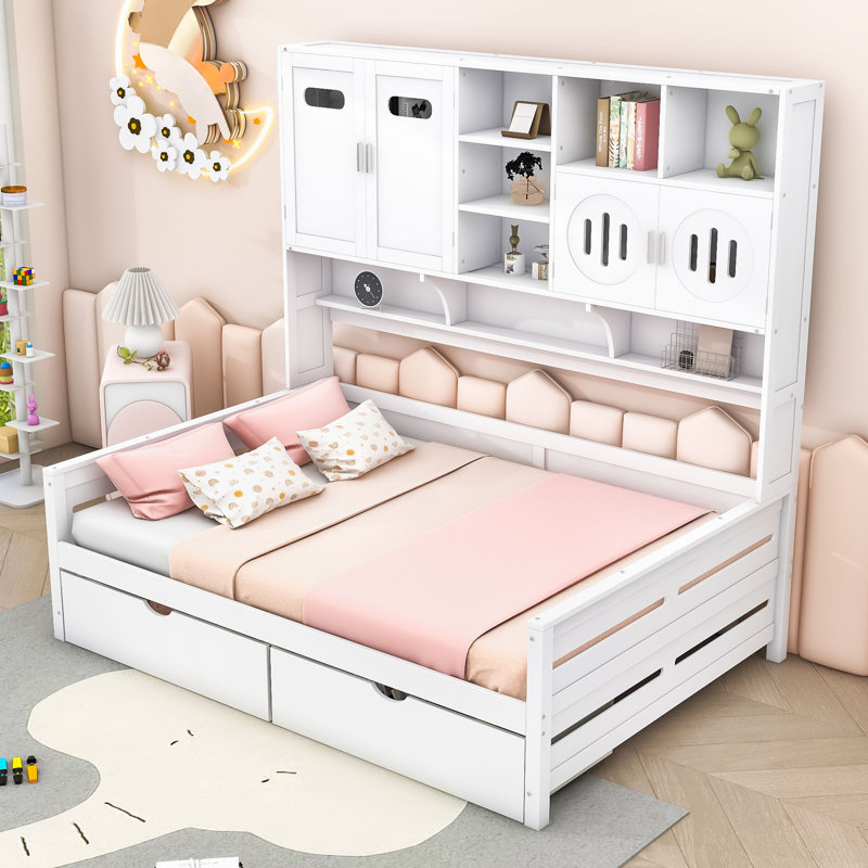 Wooden Daybed with Shelves and 2 Drawers, Full/Double, White