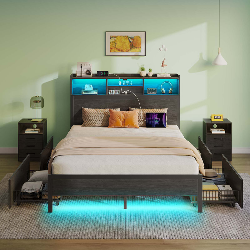 Modern Platform Bed Frame with LED Lights, USB Charger, 4 Storage Drawers & Bookshelf Headboard, Full, 4 Drawers