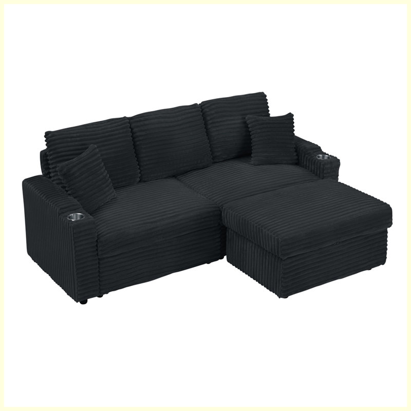 Canapé moderne multifonctionnel avec inclinable dissimulé et porte-gobelets, Noir
