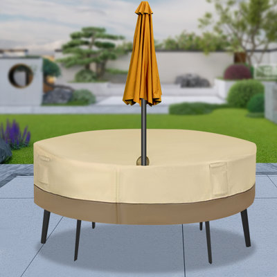 Table Cover Waterproof Round Table And Chair Set Cover Outdoor With Storage Bag (Beige)