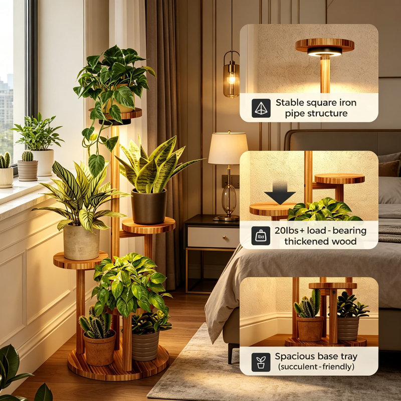 Support pour plante d'intérieur à 4 niveaux avec lumières de croissance réglables, tablette d'angle pour plusieurs plantes, conception en bois robuste et en fer pour le salon, le balcon ou le patio